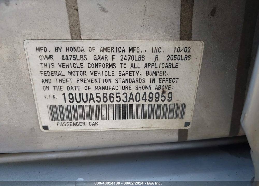 2003 ACURA TL VIN: 19UUA56653A049959