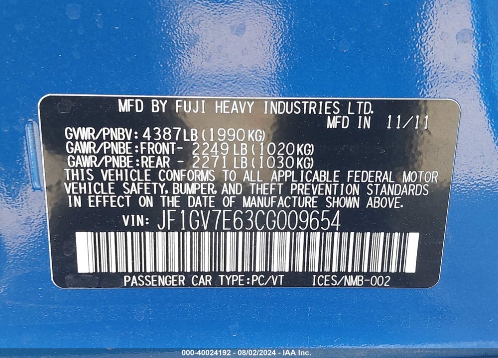 2012 SUBARU IMPREZA WRX VIN: JF1GV7E63CG009654