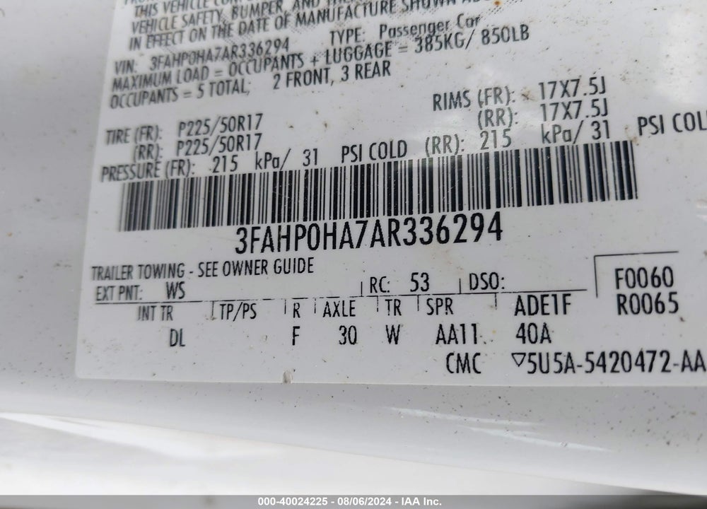 2010 FORD FUSION SE VIN: 3FAHP0HA7AR336294