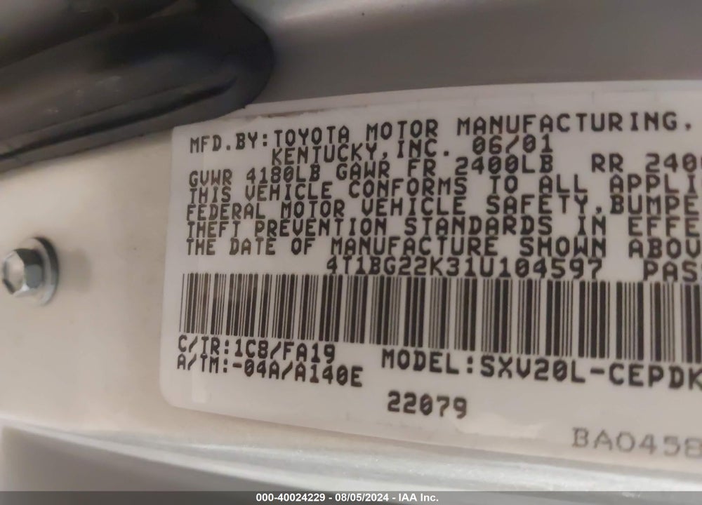 2001 TOYOTA CAMRY CE VIN: 4T1BG22K31U104597