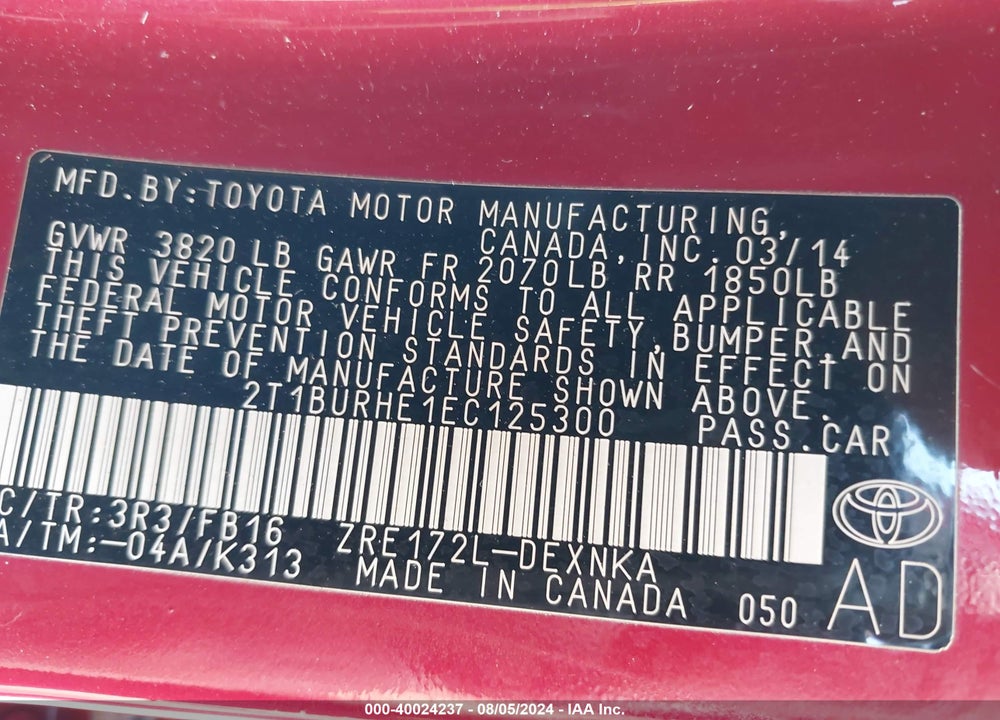 2014 TOYOTA COROLLA LE VIN: 2T1BURHE1EC125300