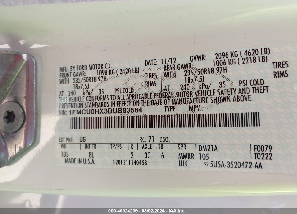 2013 FORD ESCAPE SEL VIN: 1FMCU0HX3DUB83584