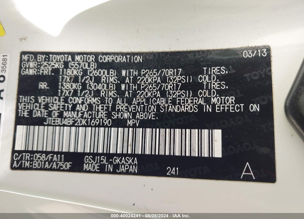 2013 TOYOTA FJ CRUISER VIN: JTEBU4BF2DK169190