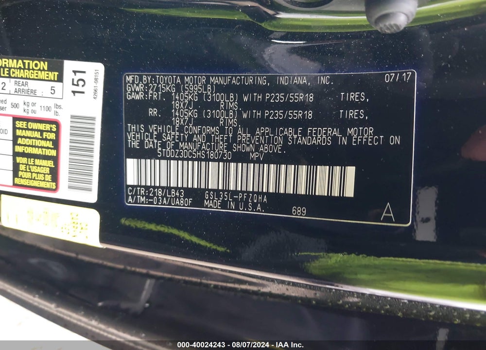 2017 TOYOTA SIENNA LIMITED PREMIUM 7 PASSENGER VIN: 5TDDZ3DC5HS180730
