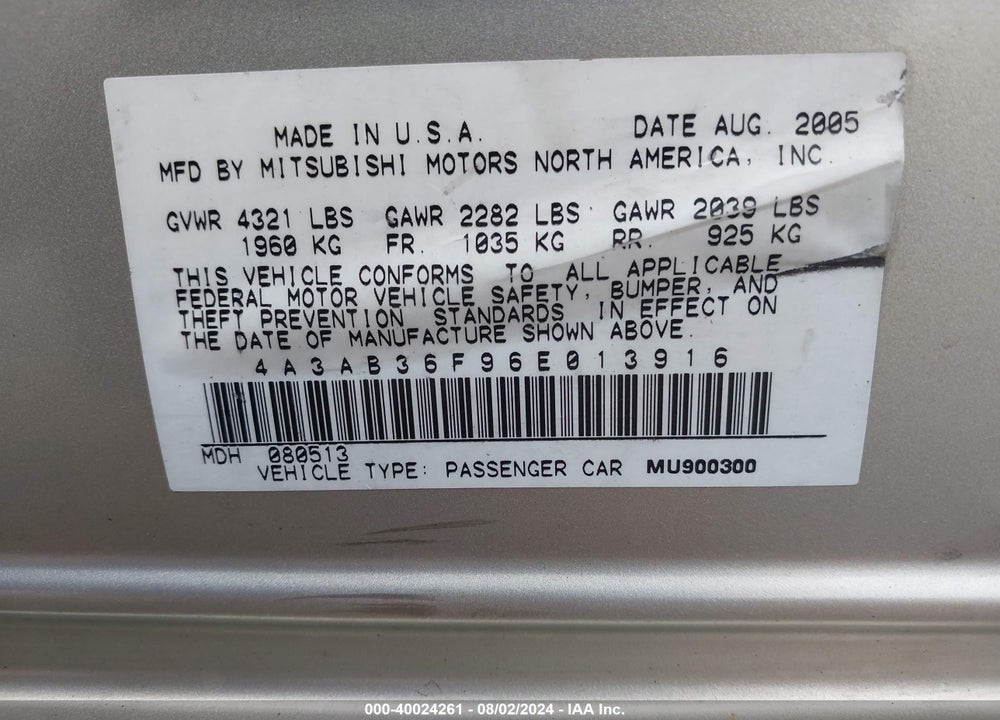 2006 MITSUBISHI GALANT ES/SE VIN: 4A3AB36F96E013916