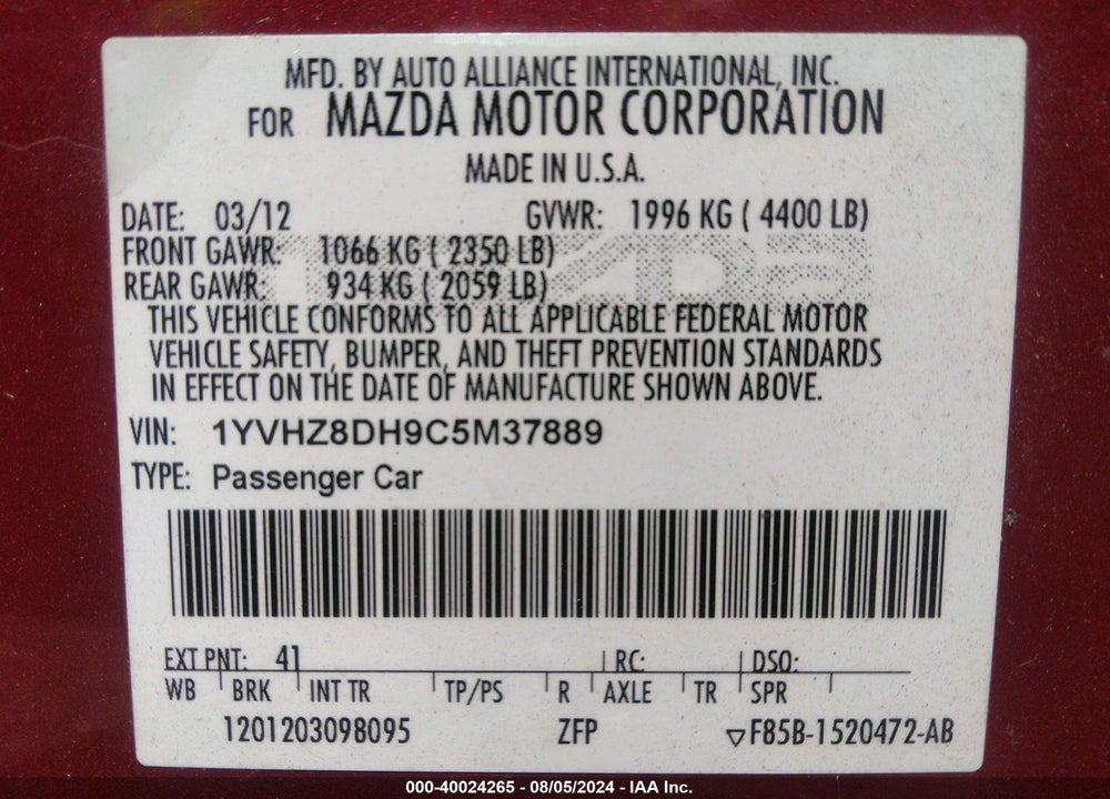 2012 MAZDA MAZDA6 I TOURING VIN: 1YVHZ8DH9C5M37889