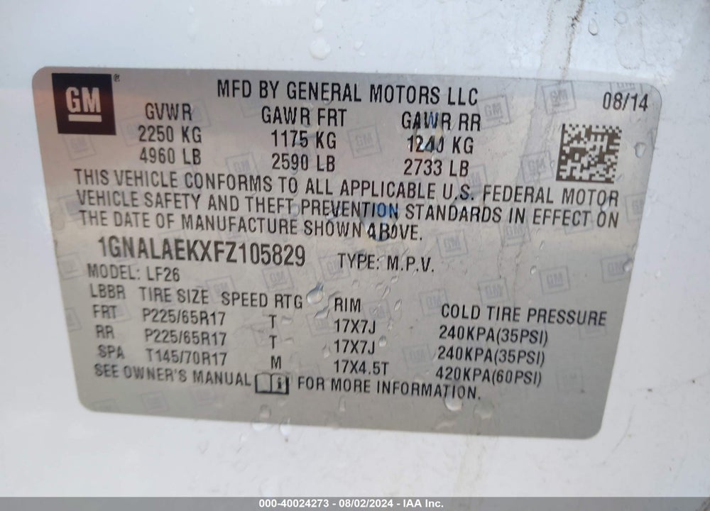 2015 CHEVROLET EQUINOX LS VIN: 1GNALAEKXFZ105829