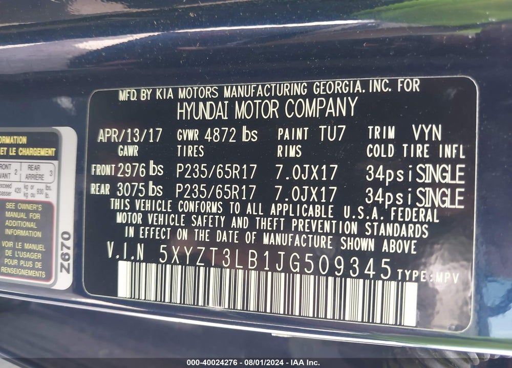 2018 HYUNDAI SANTA FE SPORT 2.4L VIN: 5XYZT3LB1JG509345
