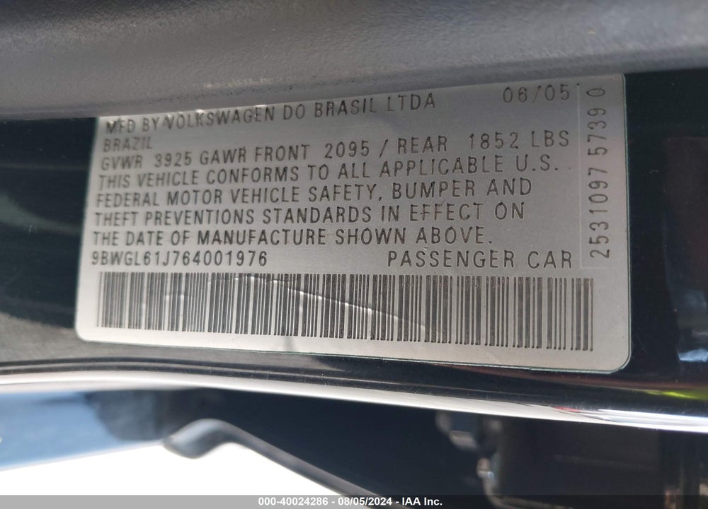 2006 VOLKSWAGEN GOLF GLS 2.0L VIN: 9BWGL61J764001976