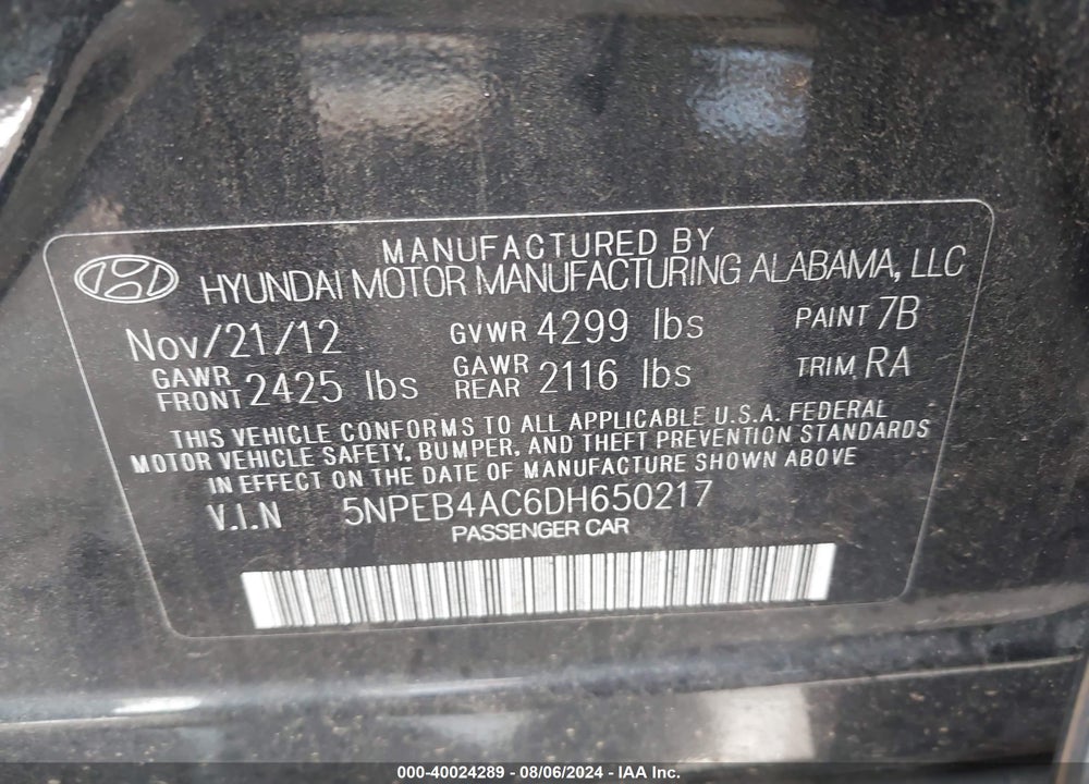 2013 HYUNDAI SONATA GLS VIN: 5NPEB4AC6DH650217