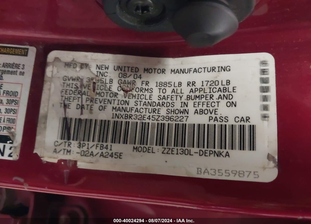 2005 TOYOTA COROLLA LE VIN: 1NXBR32E45Z396227