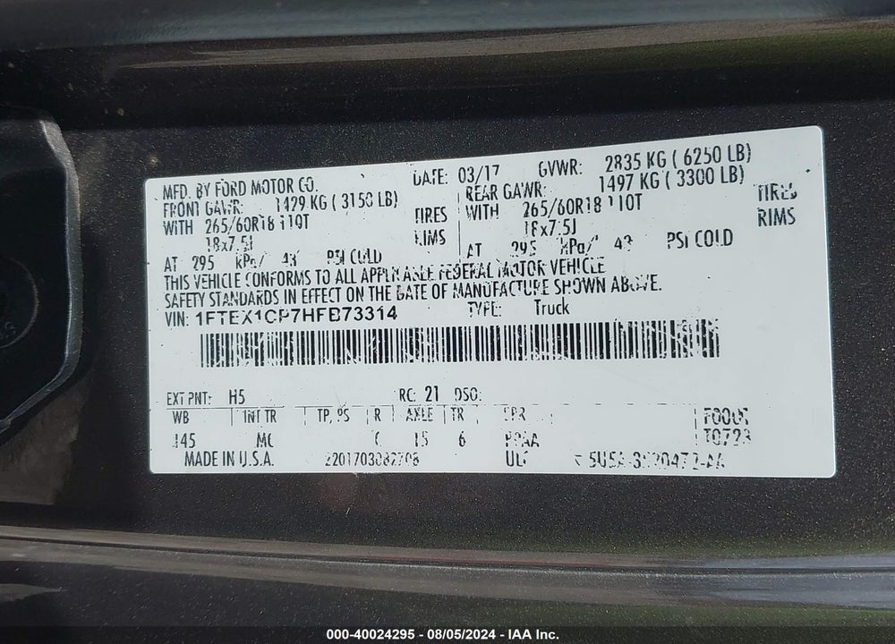 2017 FORD F-150 XLT VIN: 1FTEX1CP7HFB73314