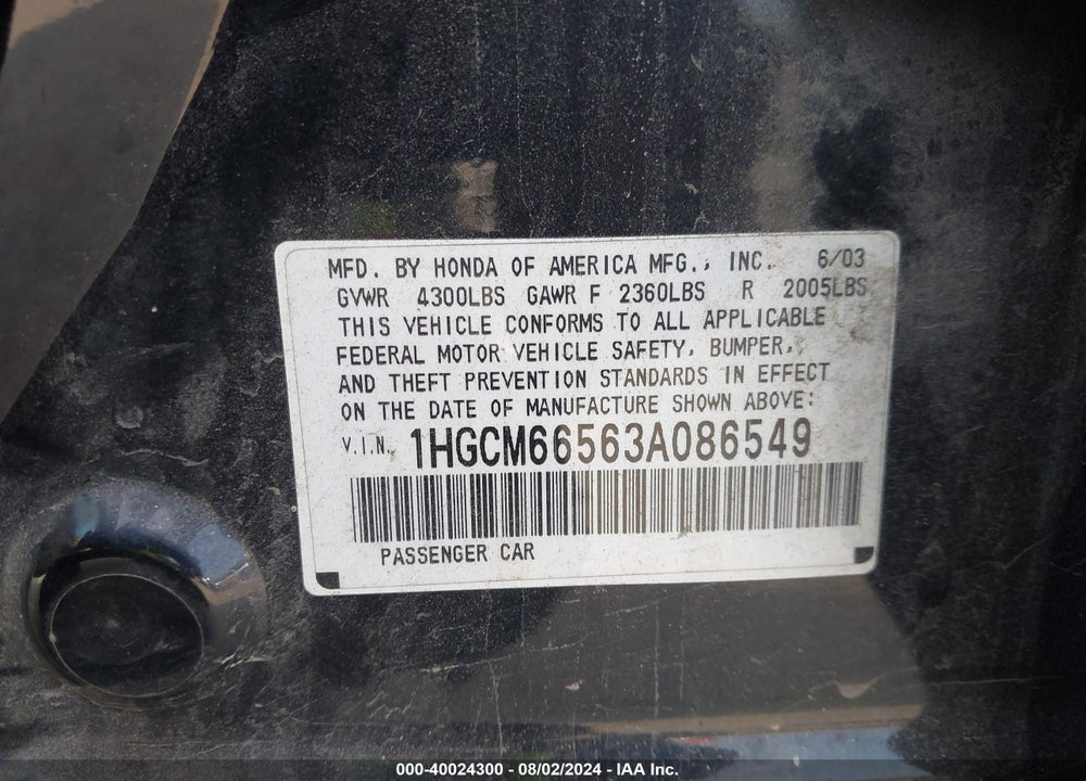 2003 HONDA ACCORD 3.0 EX VIN: 1HGCM66563A086549