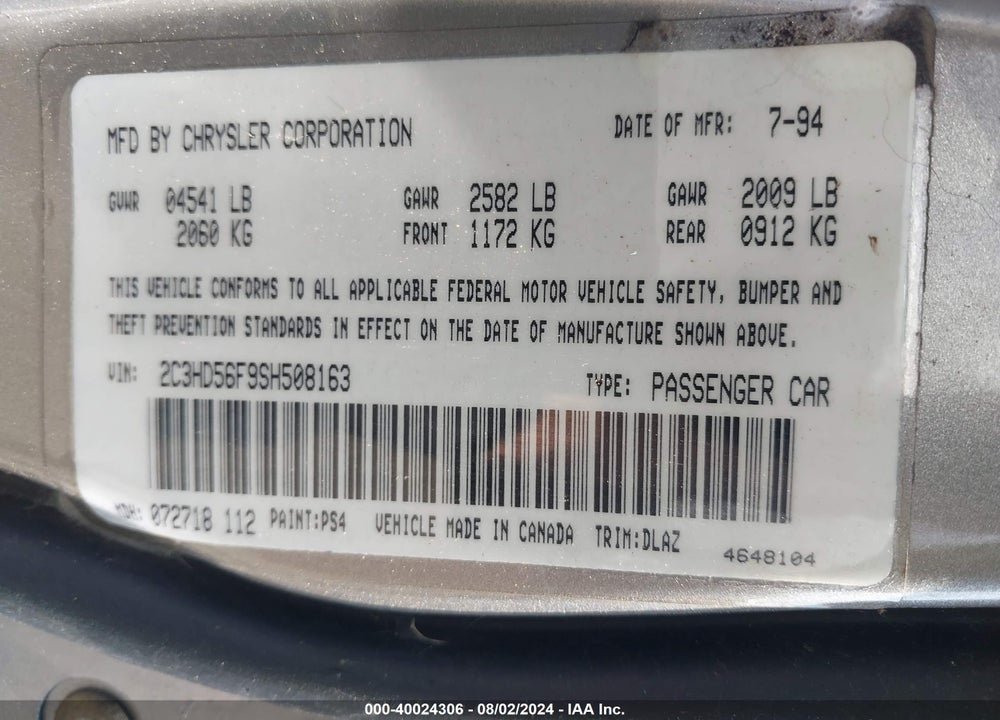 1995 CHRYSLER LHS VIN: 2C3HD56F9SH508163