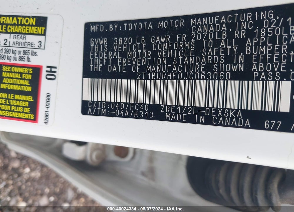 2018 TOYOTA COROLLA SE VIN: 2T1BURHE0JC063060