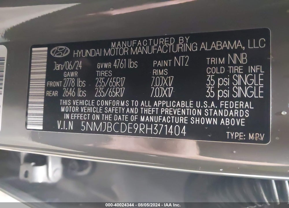 2024 HYUNDAI TUCSON SEL VIN: 5NMJBCDE9RH371404