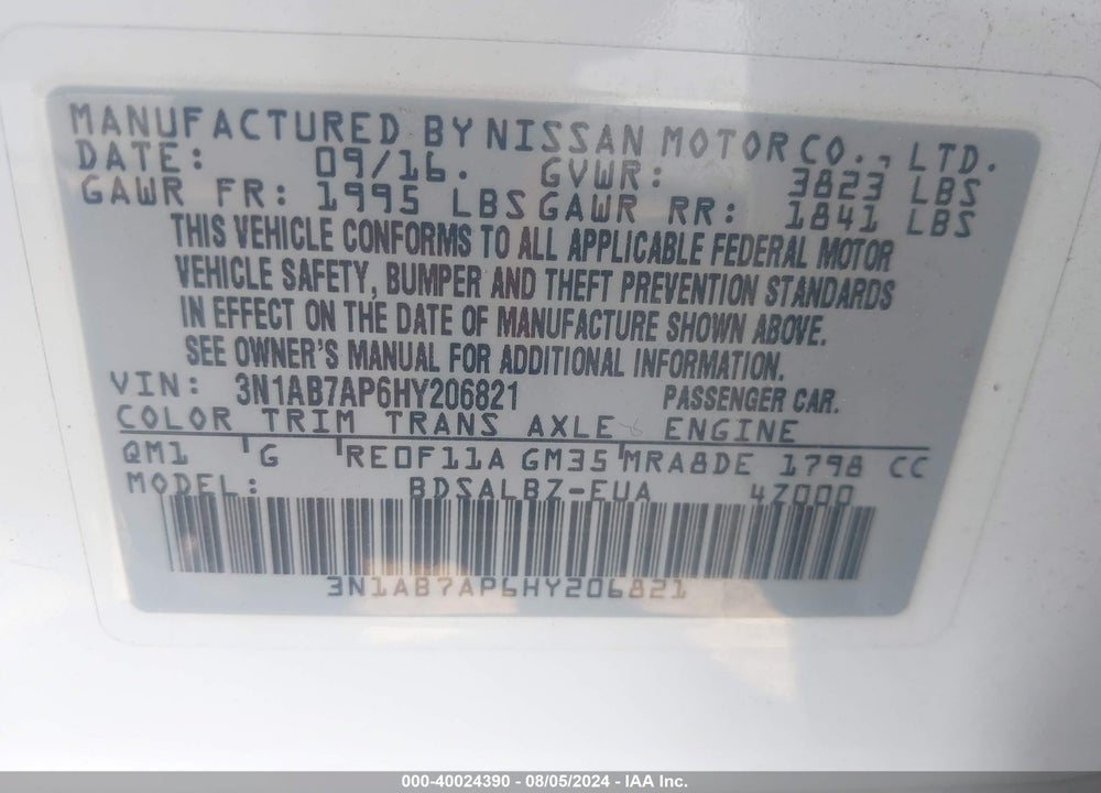 2017 NISSAN SENTRA S VIN: 3N1AB7AP6HY206821