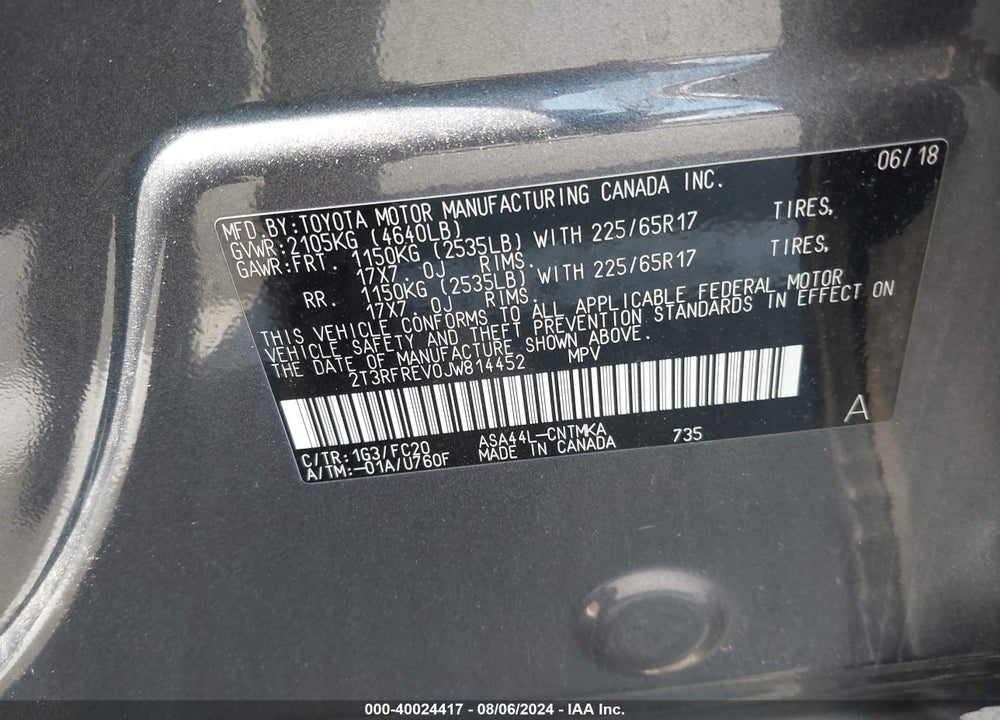 2018 TOYOTA RAV4 XLE VIN: 2T3RFREV0JW814452