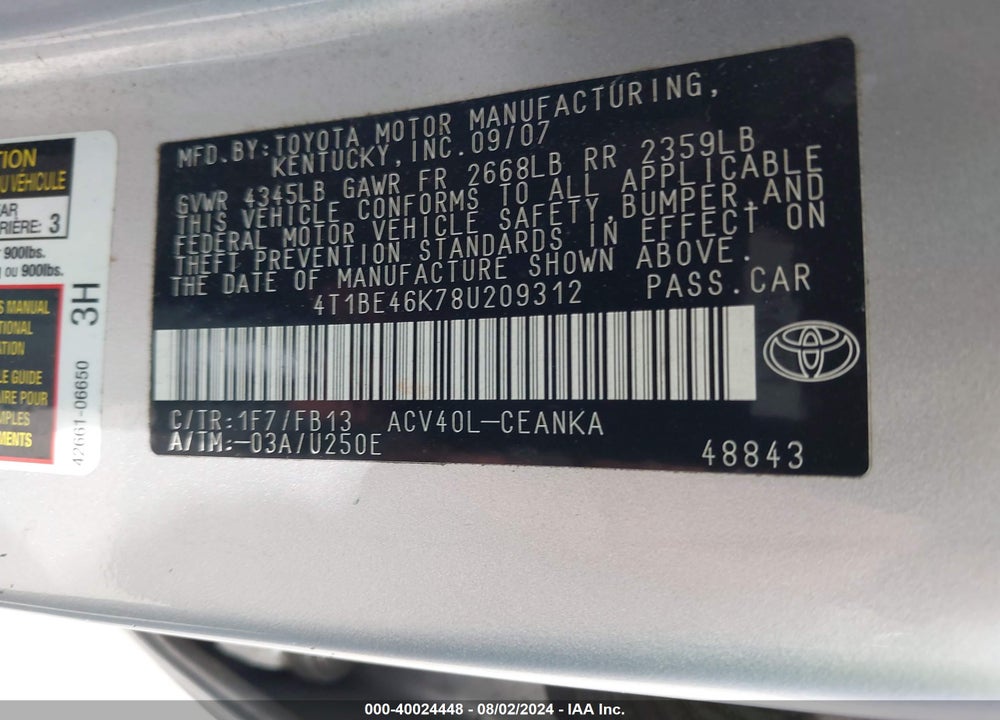 2008 TOYOTA CAMRY VIN: 4T1BE46K78U209312