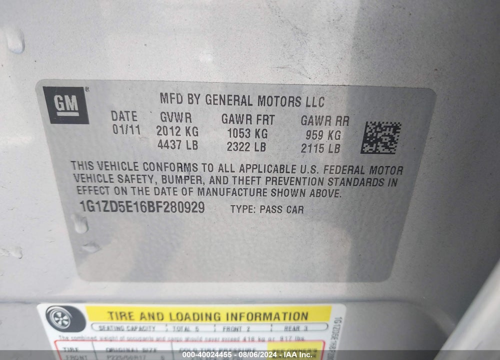 2011 CHEVROLET MALIBU 2LT VIN: 1G1ZD5E16BF280929