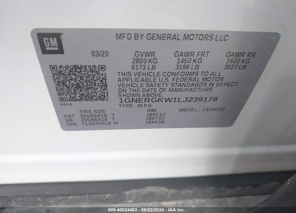 2020 CHEVROLET TRAVERSE FWD LT CLOTH VIN: 1GNERGKW1LJ239178