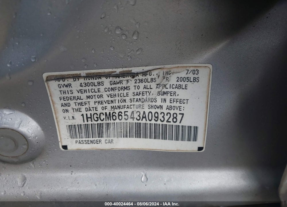 2003 HONDA ACCORD 3.0 EX VIN: 1HGCM66543A093287