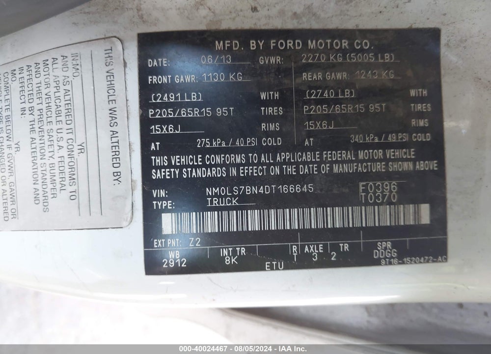 2013 FORD TRANSIT CONNECT VIN: NM0LS7BN4DT166645