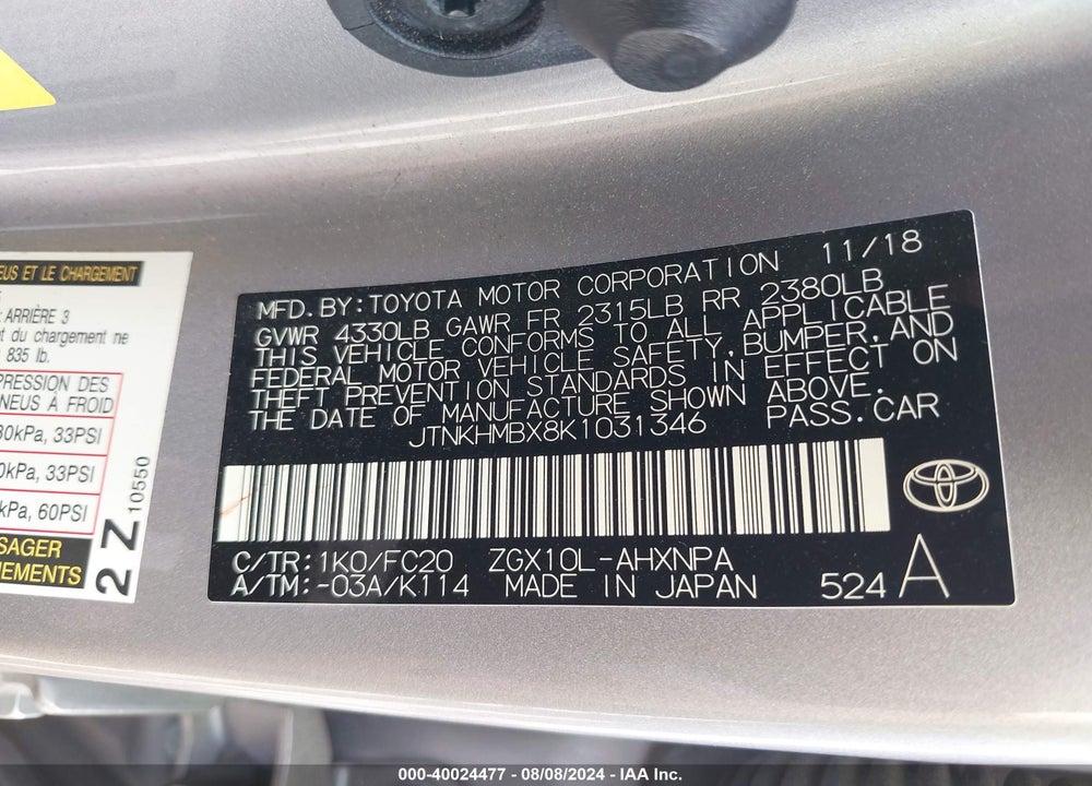2019 TOYOTA C-HR LE VIN: JTNKHMBX8K1031346