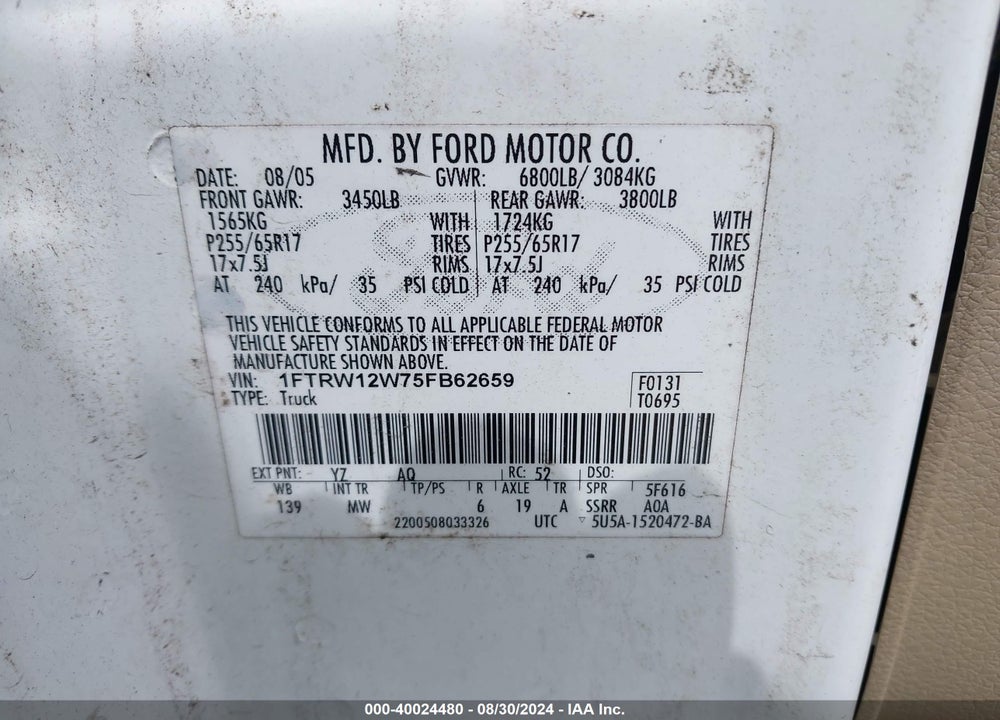2005 FORD F-150 XLT VIN: 1FTRW12W75FB62659