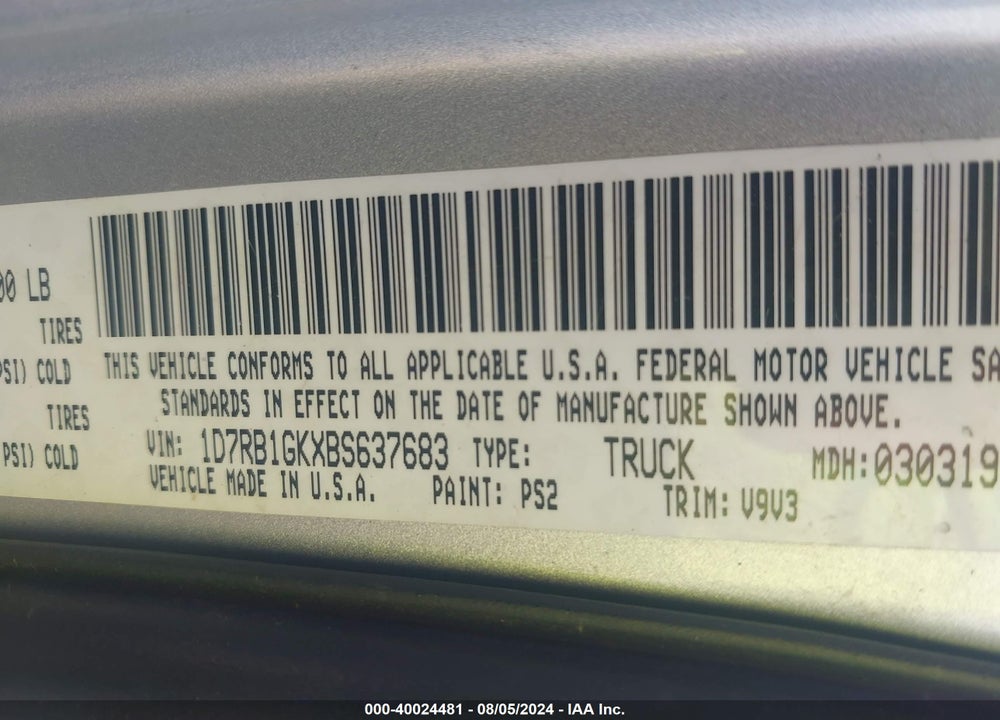 2011 RAM 1500 ST VIN: 1D7RB1GKXBS637683