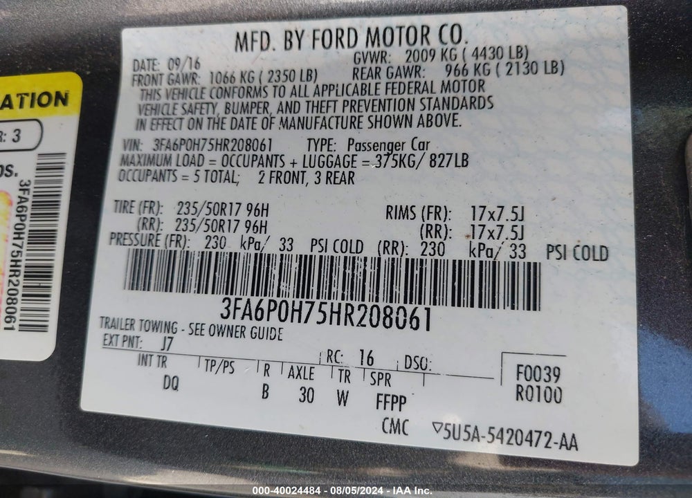 2017 FORD FUSION SE VIN: 3FA6P0H75HR208061