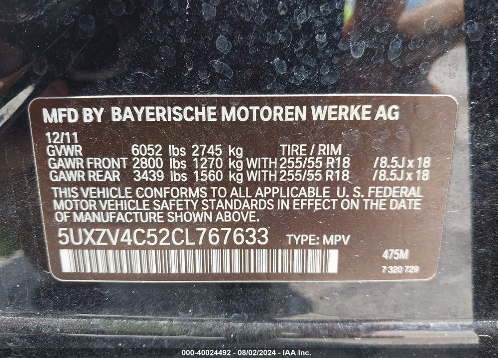 2012 BMW X5 XDRIVE35I/XDRIVE35I PREMIUM/XDRIVE35I SPORT ACTIVITY VIN: 5UXZV4C52CL767633