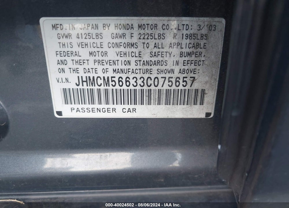 2003 HONDA ACCORD 2.4 EX VIN: JHMCM56633C075657