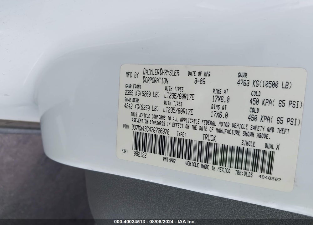 2007 DODGE RAM 3500 LARAMIE VIN: 3D7MX49C47G720978