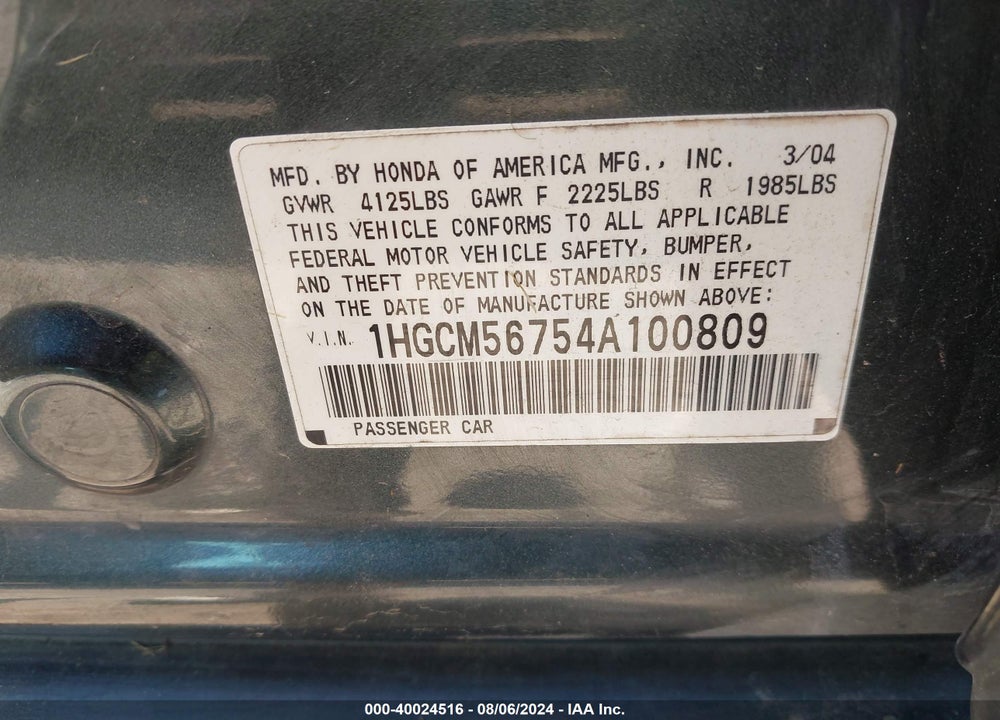 2004 HONDA ACCORD 2.4 EX VIN: 1HGCM56754A100809