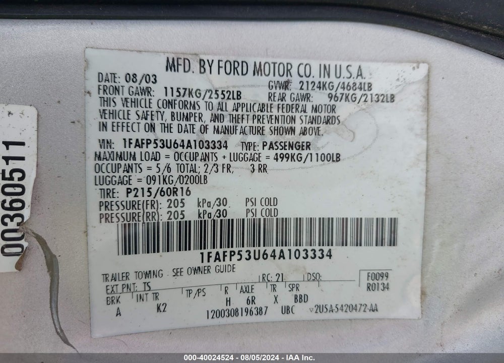 2004 FORD TAURUS SE VIN: 1FAFP53U64A103334