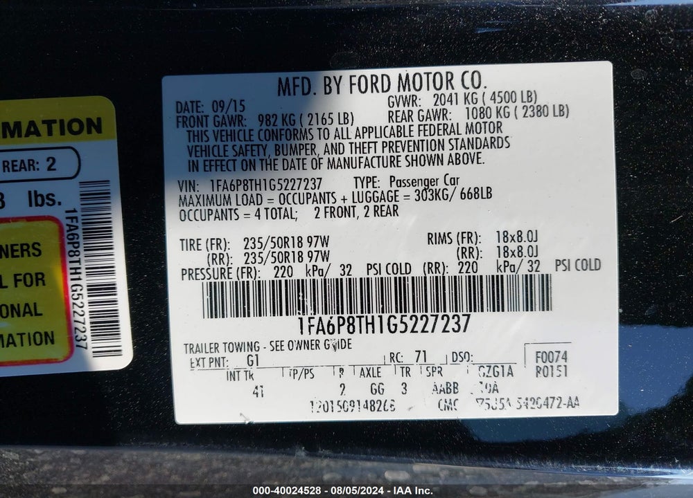 2016 FORD MUSTANG ECOBOOST VIN: 1FA6P8TH1G5227237