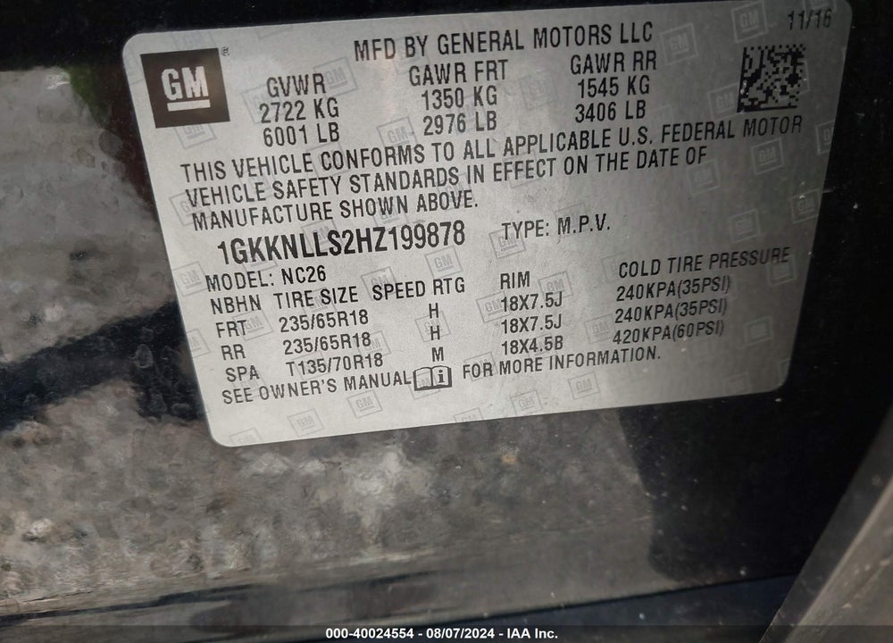 2017 GMC ACADIA SLE-2 VIN: 1GKKNLLS2HZ199878