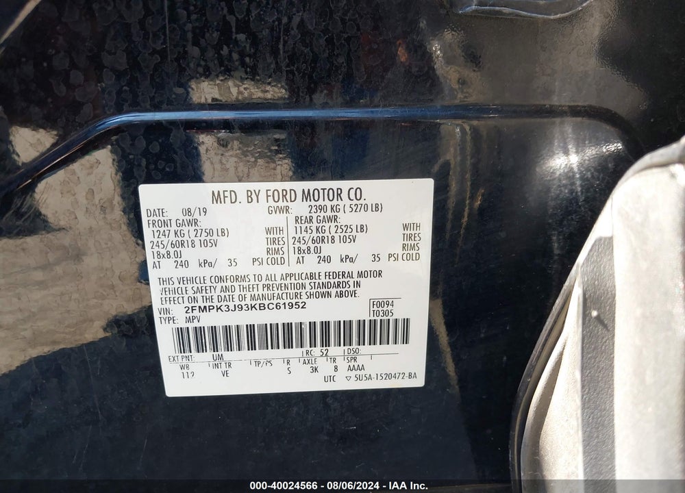 2019 FORD EDGE SEL VIN: 2FMPK3J93KBC61952