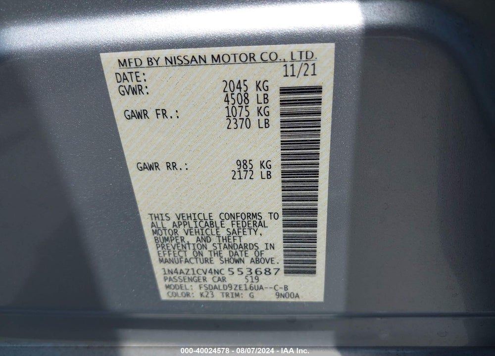 2022 NISSAN LEAF SV 40 KWH VIN: 1N4AZ1CV4NC553687