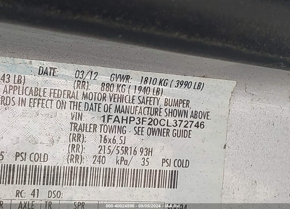 2012 FORD FOCUS SE VIN: 1FAHP3F20CL372746