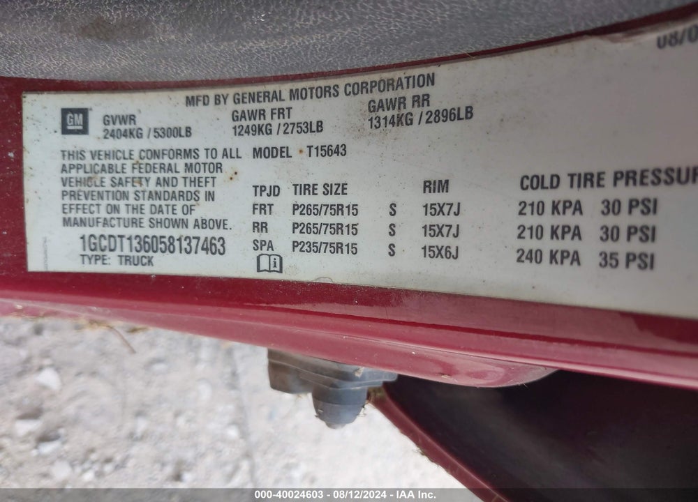 2005 CHEVROLET COLORADO LS VIN: 1GCDT136058137463