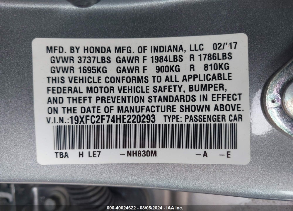 2017 HONDA CIVIC EX VIN: 19XFC2F74HE220293