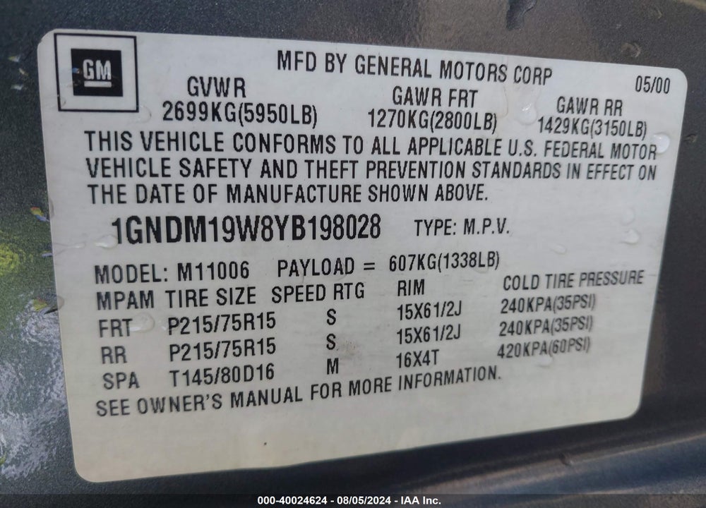 2000 CHEVROLET ASTRO VIN: 1GNDM19W8YB198028