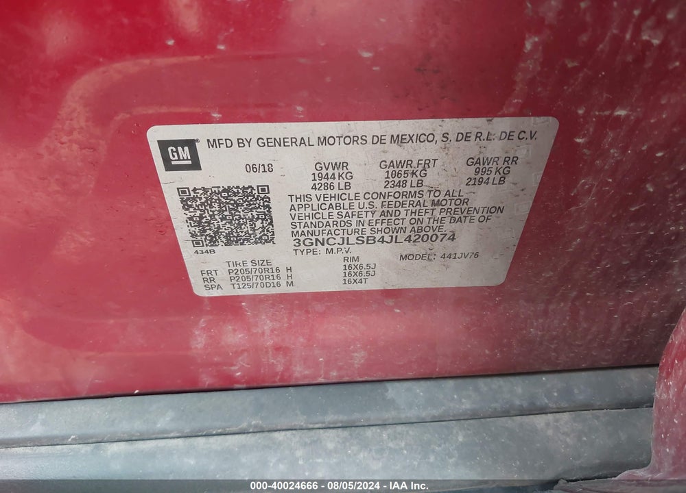 2018 CHEVROLET TRAX LT VIN: 3GNCJLSB4JL420074