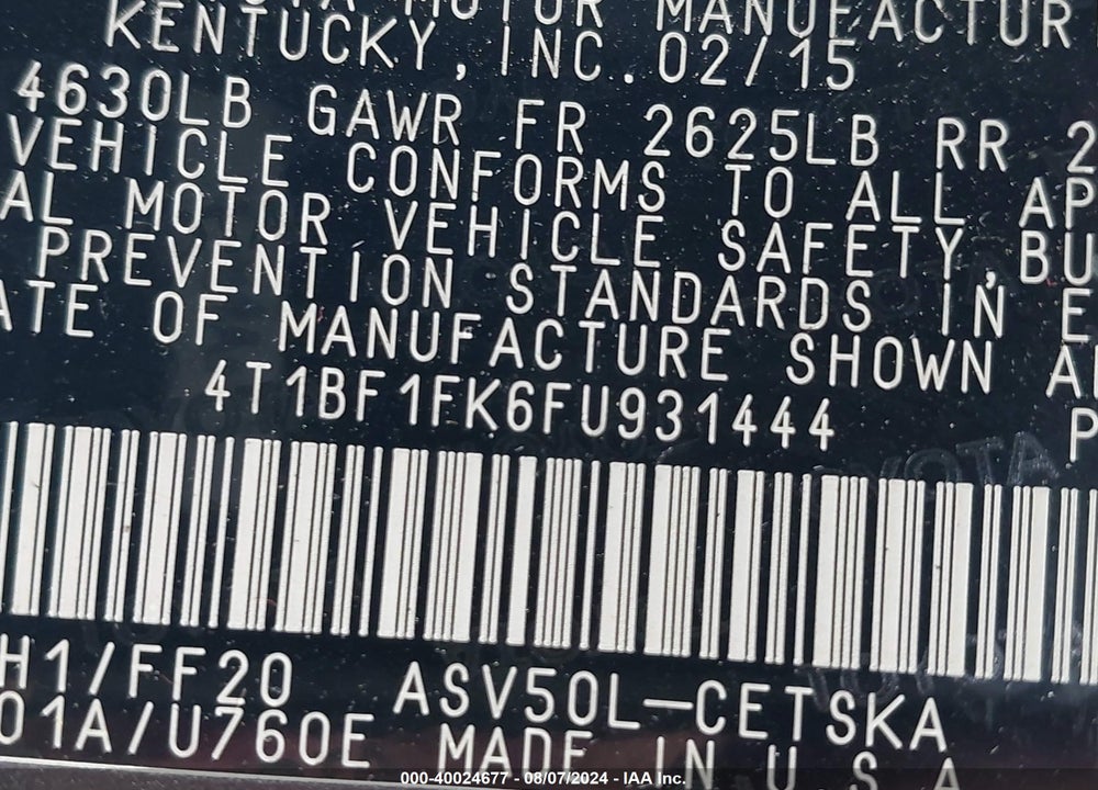 2015 TOYOTA CAMRY SE VIN: 4T1BF1FK6FU931444