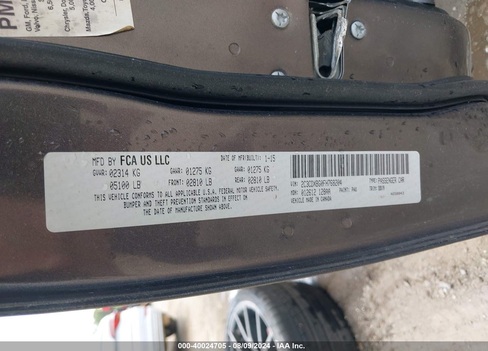 2015 DODGE CHARGER SE VIN: 2C3CDXBG0FH768204