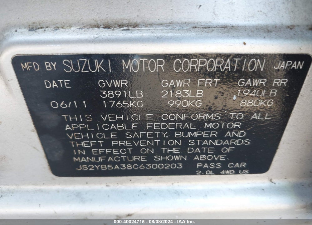 2012 SUZUKI SX4 PREMIUM/TECH VALU PKG (NAV) VIN: JS2YB5A38C6300203