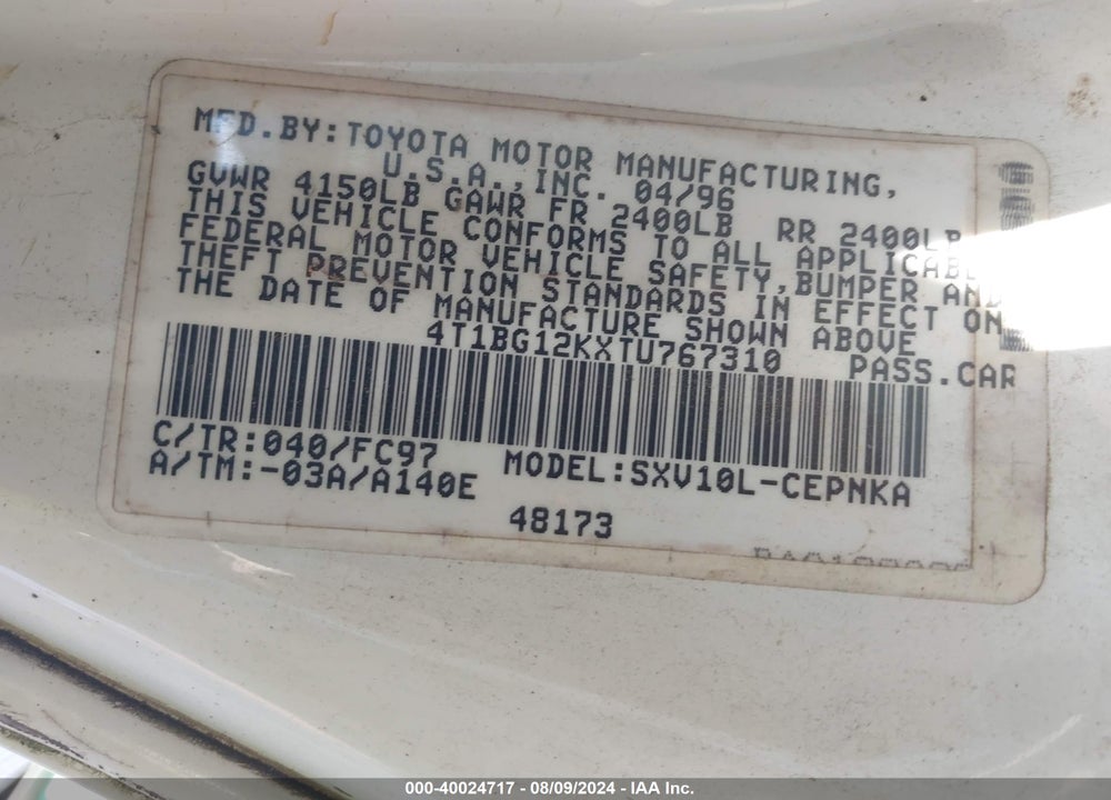 1996 TOYOTA CAMRY DX/LE/XLE VIN: 4T1BG12KXTU767310