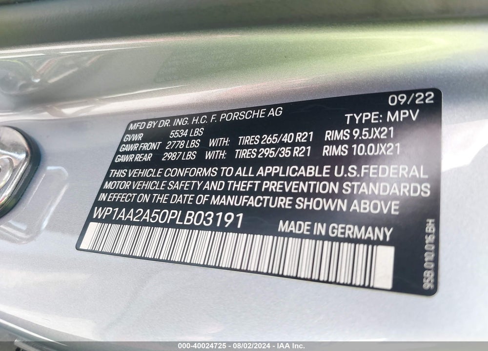 2023 PORSCHE MACAN T VIN: WP1AA2A50PLB03191